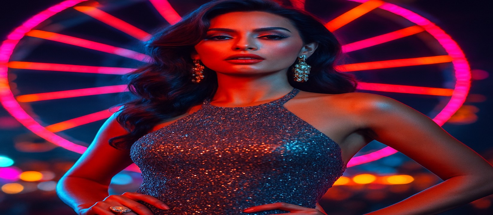 চাকার সামনে থাকা একটি রঙিন goLds প্ল্যাটফর্মে উজ্জ্বল পোশাকে একজন নারী