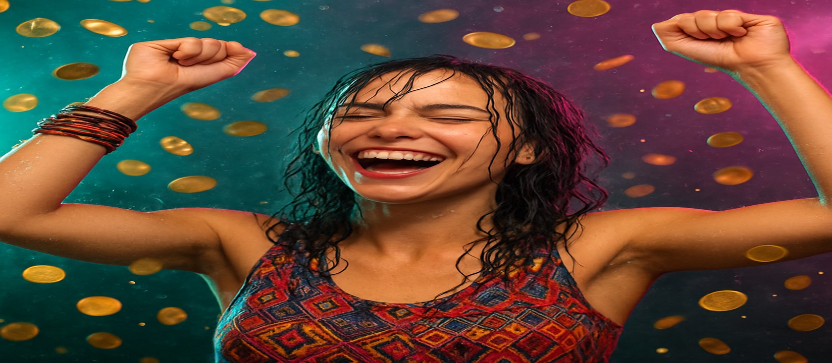 মুদ্রার ঝরনার মাঝে রঙিন পোশাকে একটি নারী